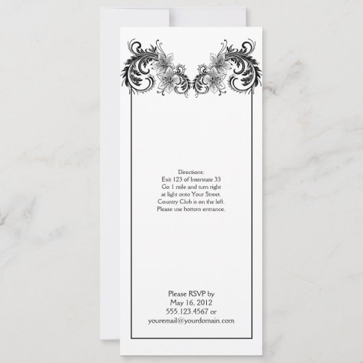 zwarte bloemen wervelingen bruiloft uitnodiging (Achterkant)