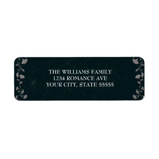  zwarte bloemengotische trouwadreslabel etiket (Voorkant)