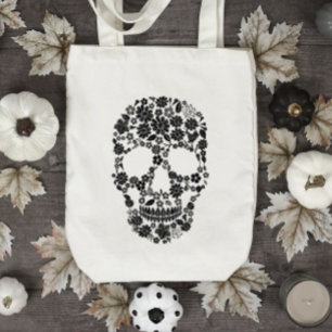 Zwarte Bloemenschedel Boodschappentas Tote Bag