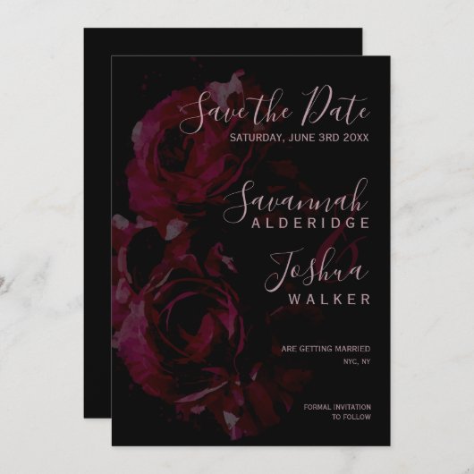 Zwarte Bloemige Aquarel Trouw Save the Date Kaart (Voorkant / Achterkant)