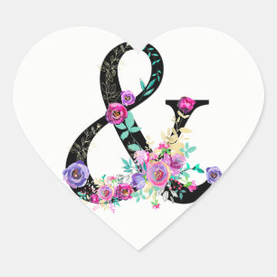 Zwarte Bloemige Moderne Ampersand Chic Lentebruilo Hart Sticker