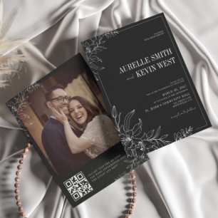 Zwarte Bloemige Rustieke Elegante Foto Achter QR B Kaart