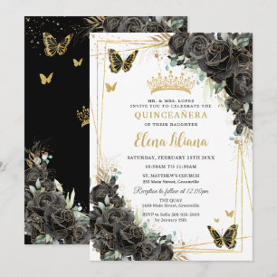 Zwarte bloemrozen Gouden Vlinders Quinceanera 15 Kaart
