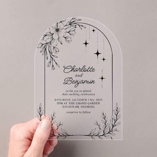 Zwarte Bloemster Moderne Boog Huwelijk Acryl Uitnodigingen (Insitu (Draagbaar))