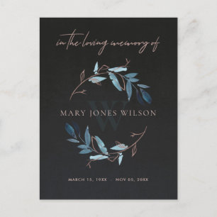 ZWARTE BLUE PINK FOLIAGE WREATH MEMORIAL DANK U UITNODIGING BRIEFKAART