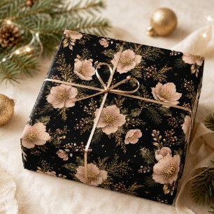 Zwarte Blush Champagne Goud Kerst Hellebore Cadeaupapier