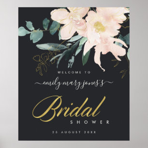 ZWARTE BLUSH FLORA WATERVERF BRUIDSSLUIER WELKOM POSTER