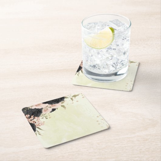 Zwarte Blush Roze Bloemen bruiloft Vierkante Kartonnen Onderzetter (Insitu)