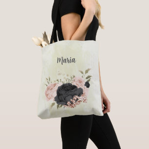 Zwarte blush roze bloemen draagtas