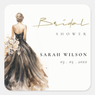 Zwarte Blush Waterverf Trouwjurk Bruidsdouche Vierkante Sticker