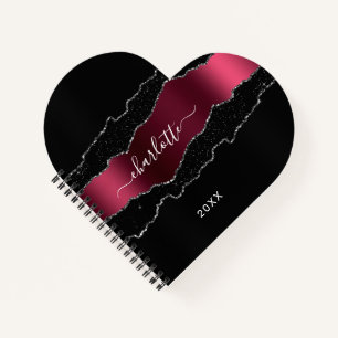 Zwarte bogundy agate marble glitter name girl notitieboek