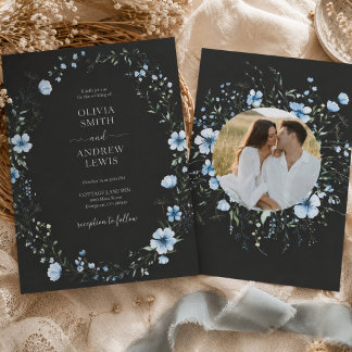 Zwarte Boho Bloemen Bruiloftsinvatie | Donkerblauw Kaart