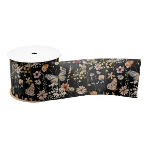 Zwarte Boho Bloemenlint Grosgrain Lint
