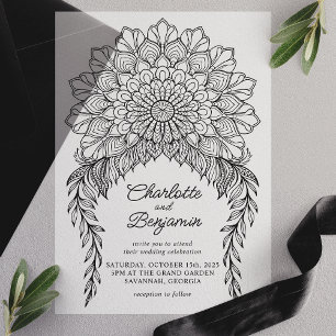 Zwarte Boho Mandala Bladerrijke Wijnstok Bruiloft Vellum Uitnodigingen