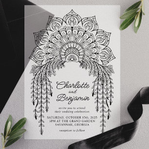 Zwarte Boho Mandala Moderne Trouwkaart Vellum Uitnodigingen