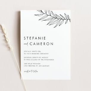 Zwarte Boho Minimalistische Foliage QR Code Trouwe Uitnodiging Briefkaart