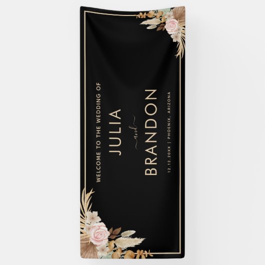 Zwarte Boho Pampas Grass Bloemen Trouwbanner Spandoek (Verticaal)