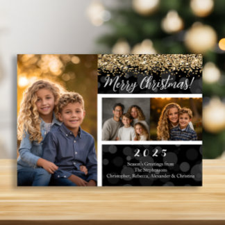 Zwarte Bokeh Gouden Glitters 3-Foto Prettig Kerstf Feestdagenkaart