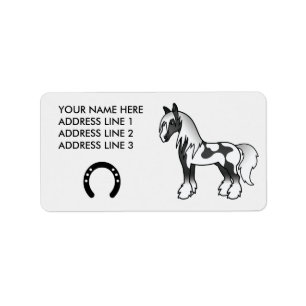 Zwarte Bontgekleurde Cartoon Gypsy Vanner Shire Pa Etiket