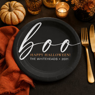 Zwarte Boo Gelukkig Halloween Familie Papieren Bordje