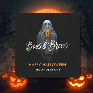 Zwarte Boos & Brews Geest Halloween Vierkante Sticker