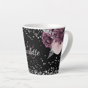 Zwarte bordeaux bloemen elegante monogram naam latte mok