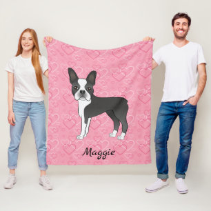 Zwarte Boston Terrier Hond op Roze Harten en Naam Fleece Deken