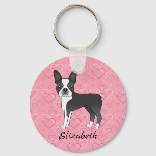 Zwarte Boston Terrier-hond op roze harten en naam Sleutelhanger