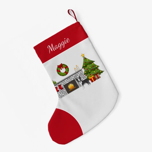 Zwarte Boston Terrier in een feestelijke kerstzaal Kleine Kerstsok (Achterkant (Hangend))