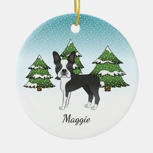 Zwarte Boston Terrier in een Winter Forest & Name Keramisch Ornament (Voorkant)
