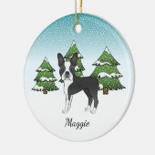 Zwarte Boston Terrier in een Winter Forest & Name Keramisch Ornament (Links)