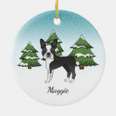 Zwarte Boston Terrier in een Winter Forest & Name Keramisch Ornament (Achterkant)
