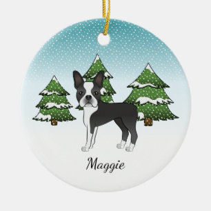 Zwarte Boston Terrier In Een Winterbos & Naam Keramisch Ornament