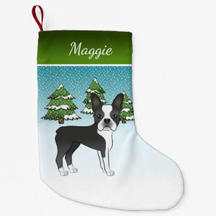 Zwarte Boston Terrier In Een Winterbos & Naam Kleine Kerstsok