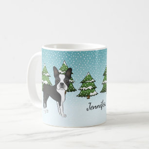 Zwarte Boston Terrier In Een Winterbos & Naam Koffiemok