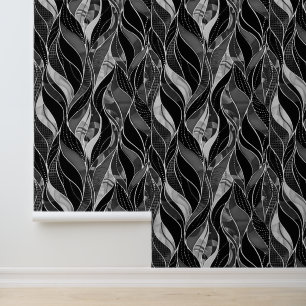 Zwarte Botanische Blad Decoratie in Stijl Behang