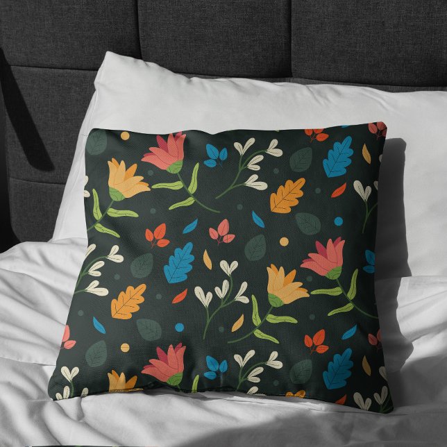 Zwarte botanische bloemenprint kussen (Stylish Elegant Black Floral Pattern Pillow)