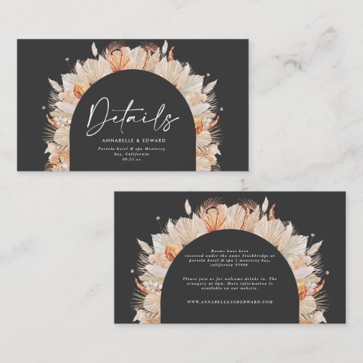 zwarte botanische elegant pampas bruiloft informatiekaartje (Voorkant / Achterkant)