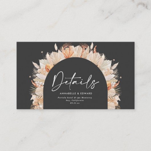 zwarte botanische elegant pampas bruiloft informatiekaartje (Voorkant)