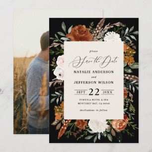 Zwarte botanische rustige fotobruiloft met behoud  save the date