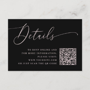Zwarte bruiloft details met roze script en QR-code Informatiekaartje