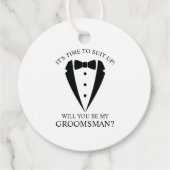 Zwarte bruiloft Tuxedo Suit Groomsman Voorstel Bedankjes Labels (Voorkant)