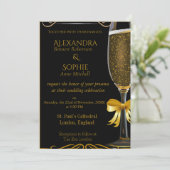 Zwarte bruiloft uitnodiging met gouden champagne g (Staand voorkant)