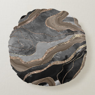 Zwarte bruine marmer Agate Gold Glitter Glam #1 Rond Kussen