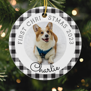 Zwarte Buffalo Check Eerste Kerstmis Foto van Huis Keramisch Ornament