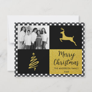 Zwarte Buffalo Plaid Gouden Kerstmis Familie Foto Feestdagenkaart
