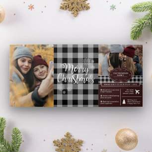 Zwarte Buffalo Plaid Jaaroverzicht Kerstfoto Drieluik Wenskaart