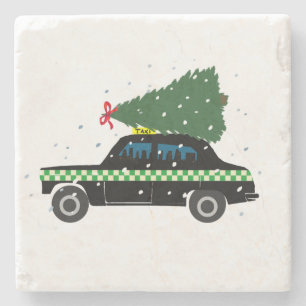 Zwarte Cab Taxi-kerstboom Tekening sneeuw Stenen Onderzetter