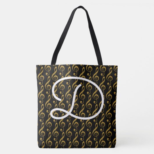 Zwarte Canvas tas met haar naam & treble sleutel (Voorkant)