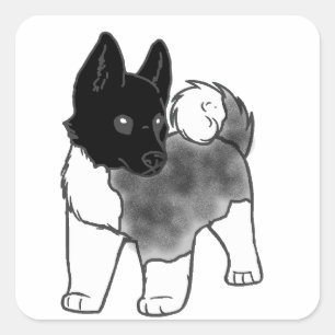zwarte cartoon akita Silver Vierkante Sticker